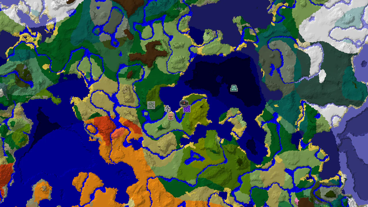 A top-down 2D biome map centered on spawn, showing a jungle peninsula, a nearby ruined portal, and a patch of bamboo jungle.