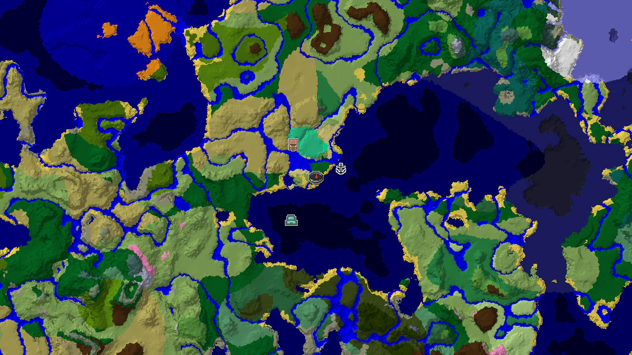 A 2D top-down biome map centered on the spawn point, showing nearby forest, ocean, and plains, with markers for a shipwreck and a village.