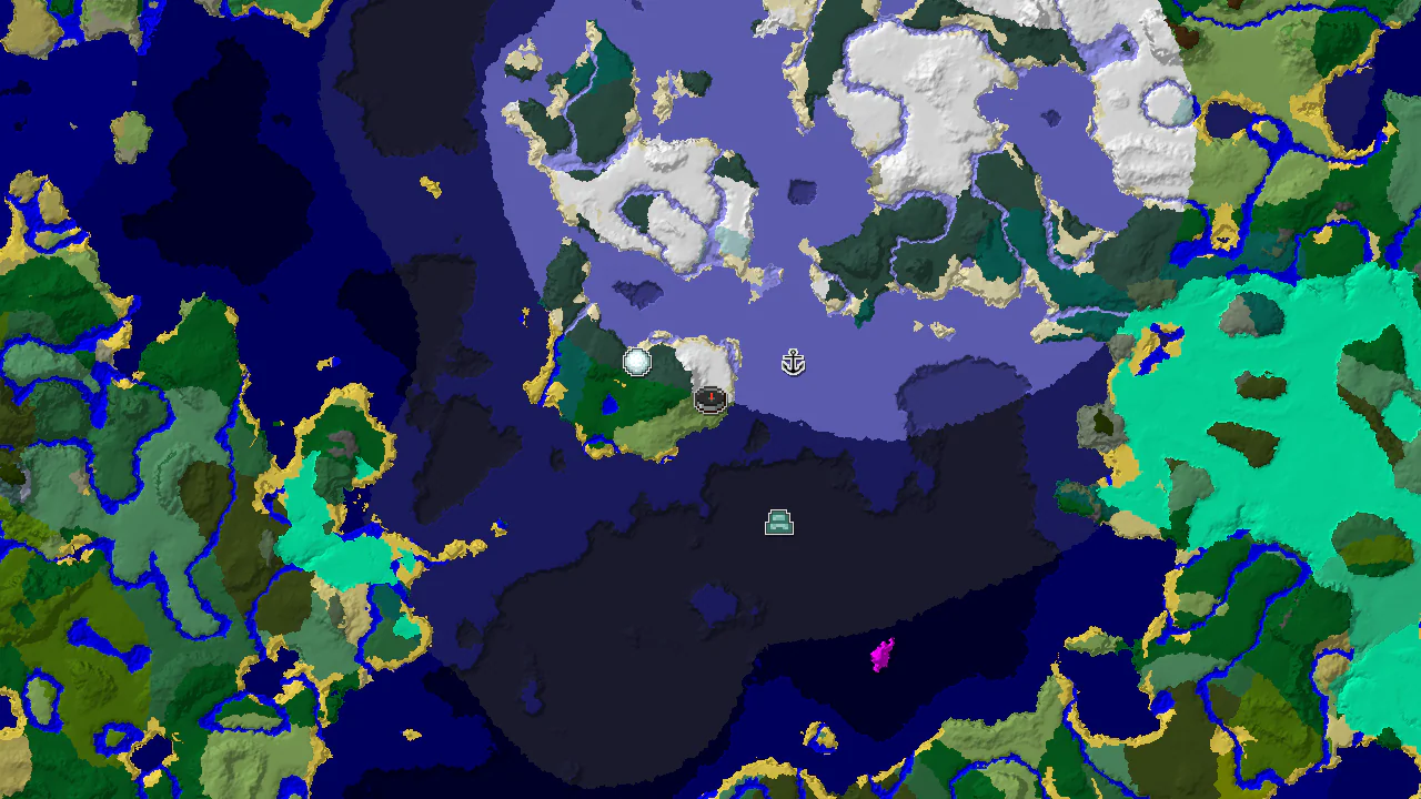 A 2D biome map centered on spawn, showing a large icy ocean biome to the north and west, with markers for an Igloo and Shipwreck.