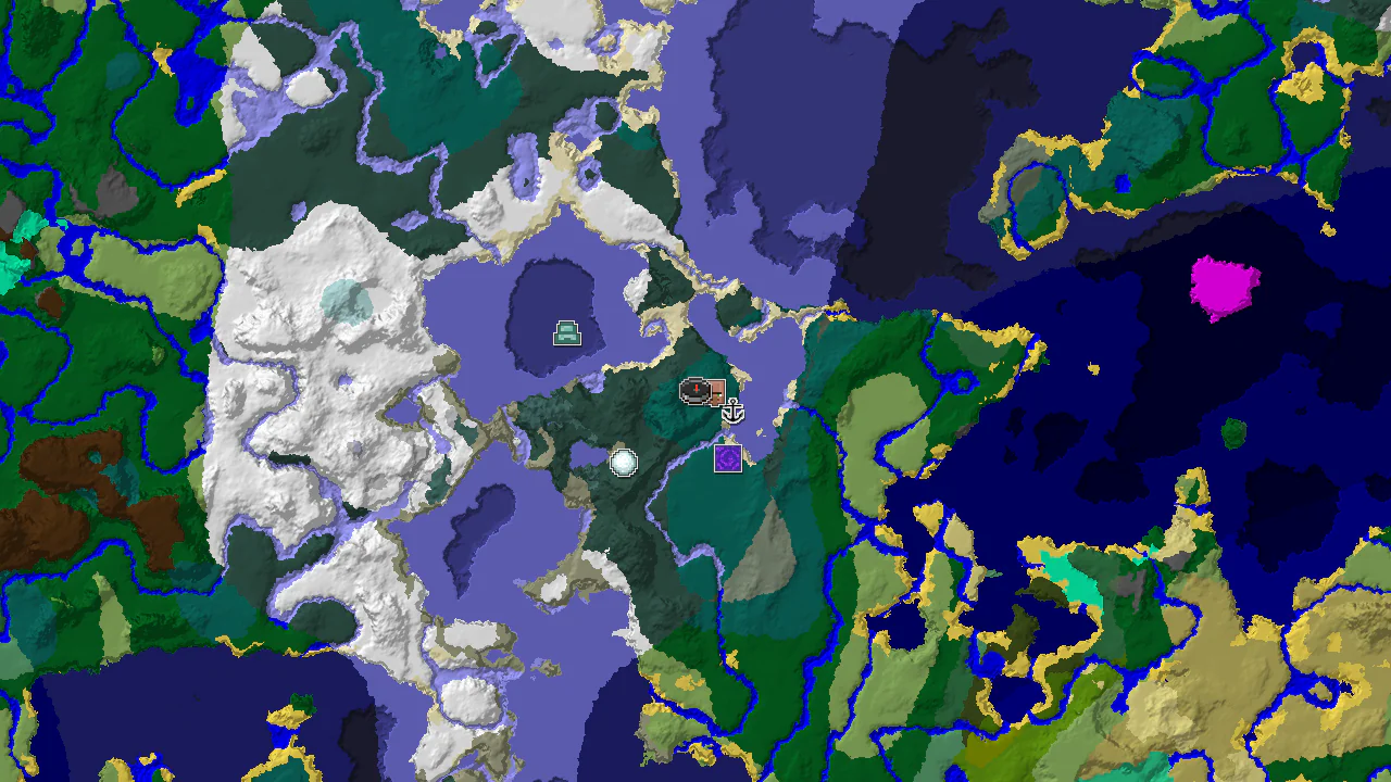 A 2D biome map centered on spawn, showing a Taiga biome at the center, surrounded by Snowy Taiga, Frozen Ocean, and other cold biomes, with markers for a village and shipwreck nearby.