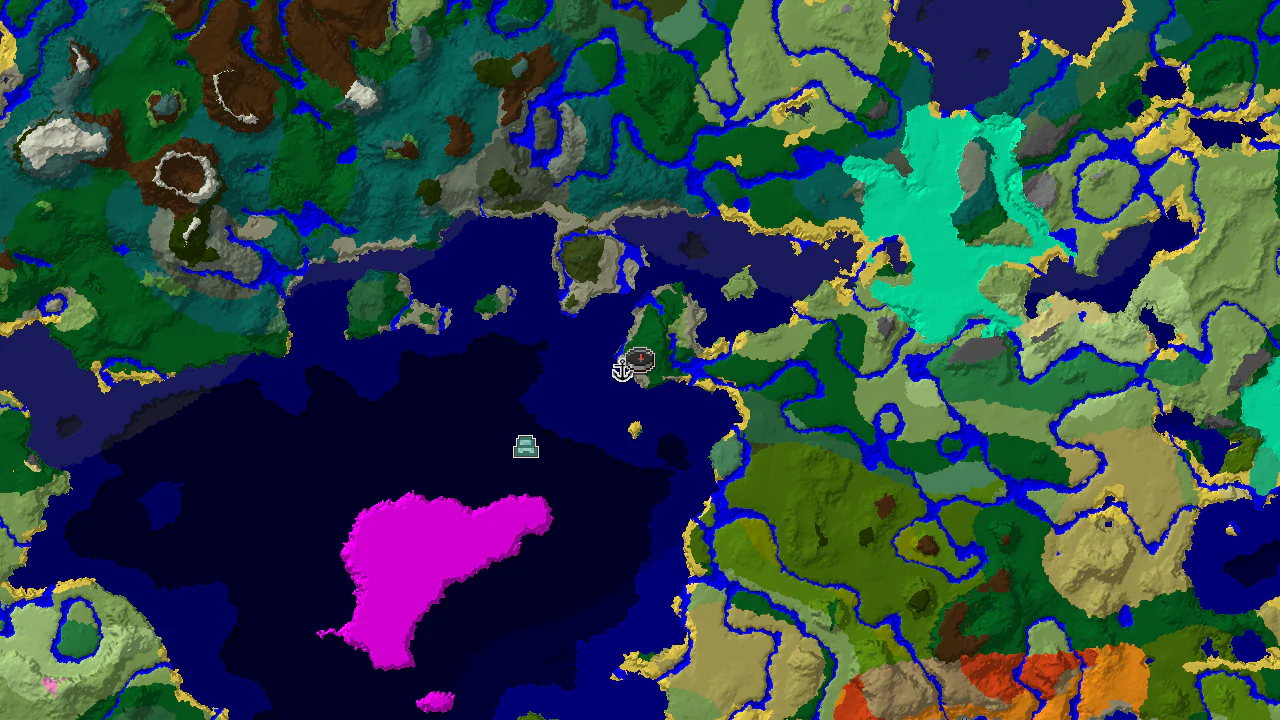 A top-down 2D biome map centered on spawn, showing a large forest biome at spawn, with nearby ocean, river, and plains, and markers for a shipwreck and an ocean monument.