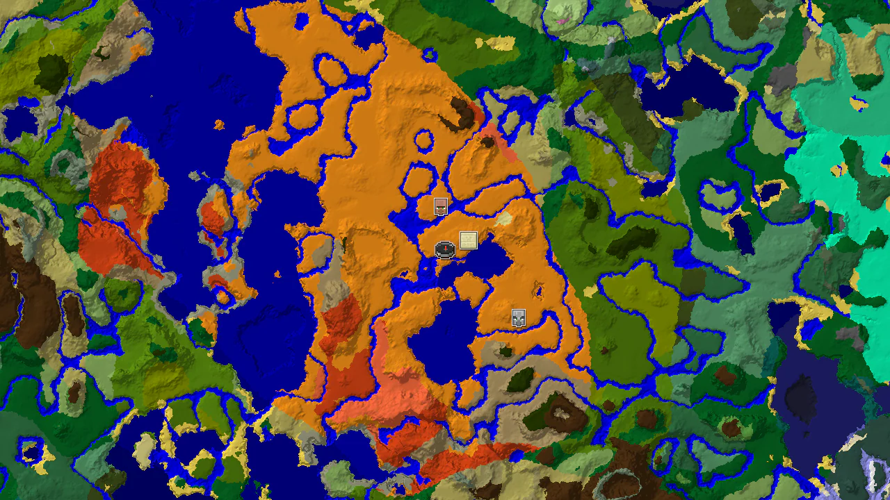 A top-down 2D biome map centered on the spawn point, with markers indicating nearby structures and biomes like Desert, River, and Warm Ocean.