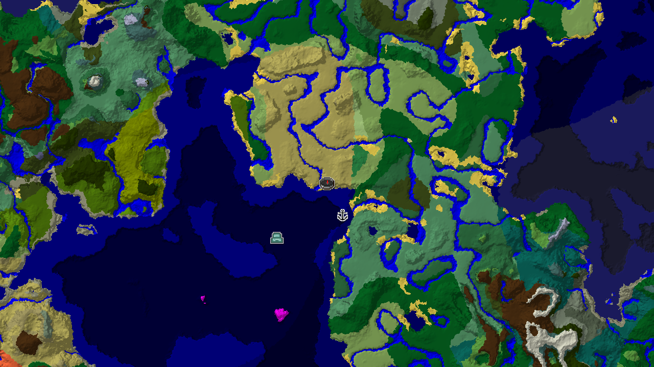 A 2D biome map centered on the spawn point, with markers for a shipwreck and an ocean monument.