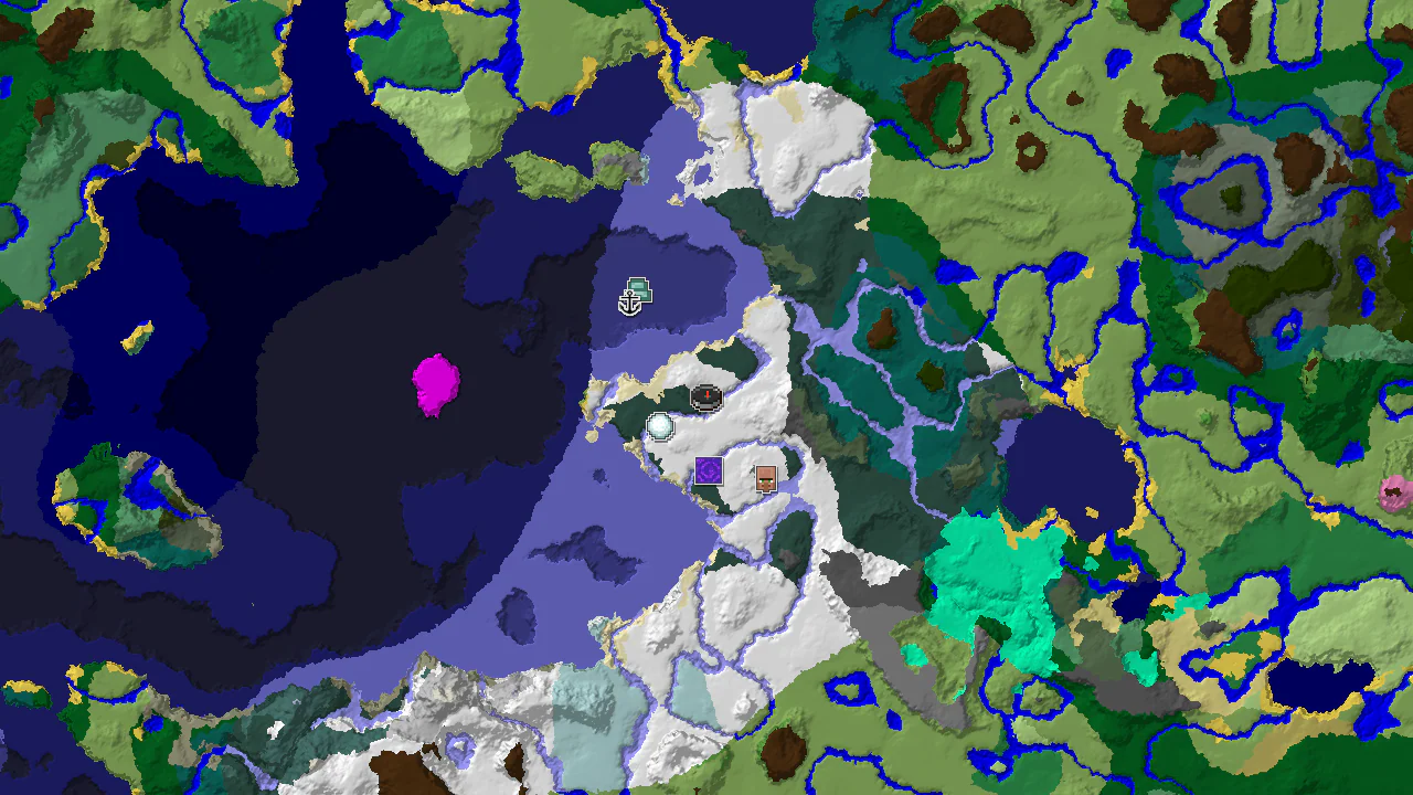 A 2D biome map centered on spawn, showing a large snowy plains biome with nearby frozen rivers and taiga, and markers for an igloo, ruined portal, village, and ocean monument.