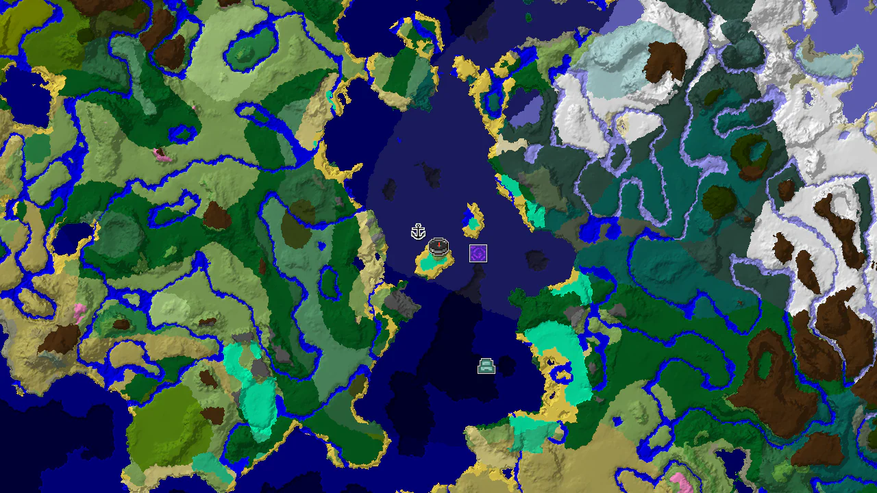 A 2D biome map centered on the spawn point, showing nearby plains, cold ocean, and the locations of a shipwreck and an ocean monument.