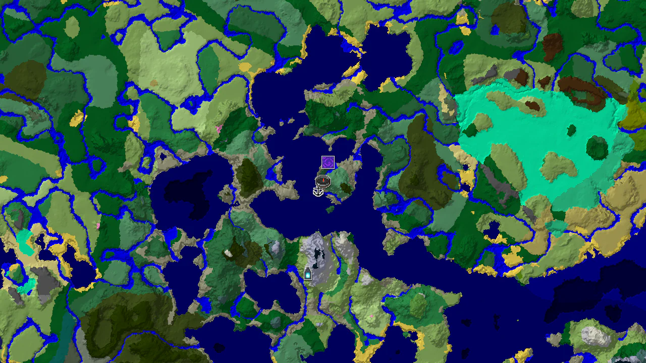 A 2D top-down biome map centered on the spawn point, indicating nearby biomes and points of interest.