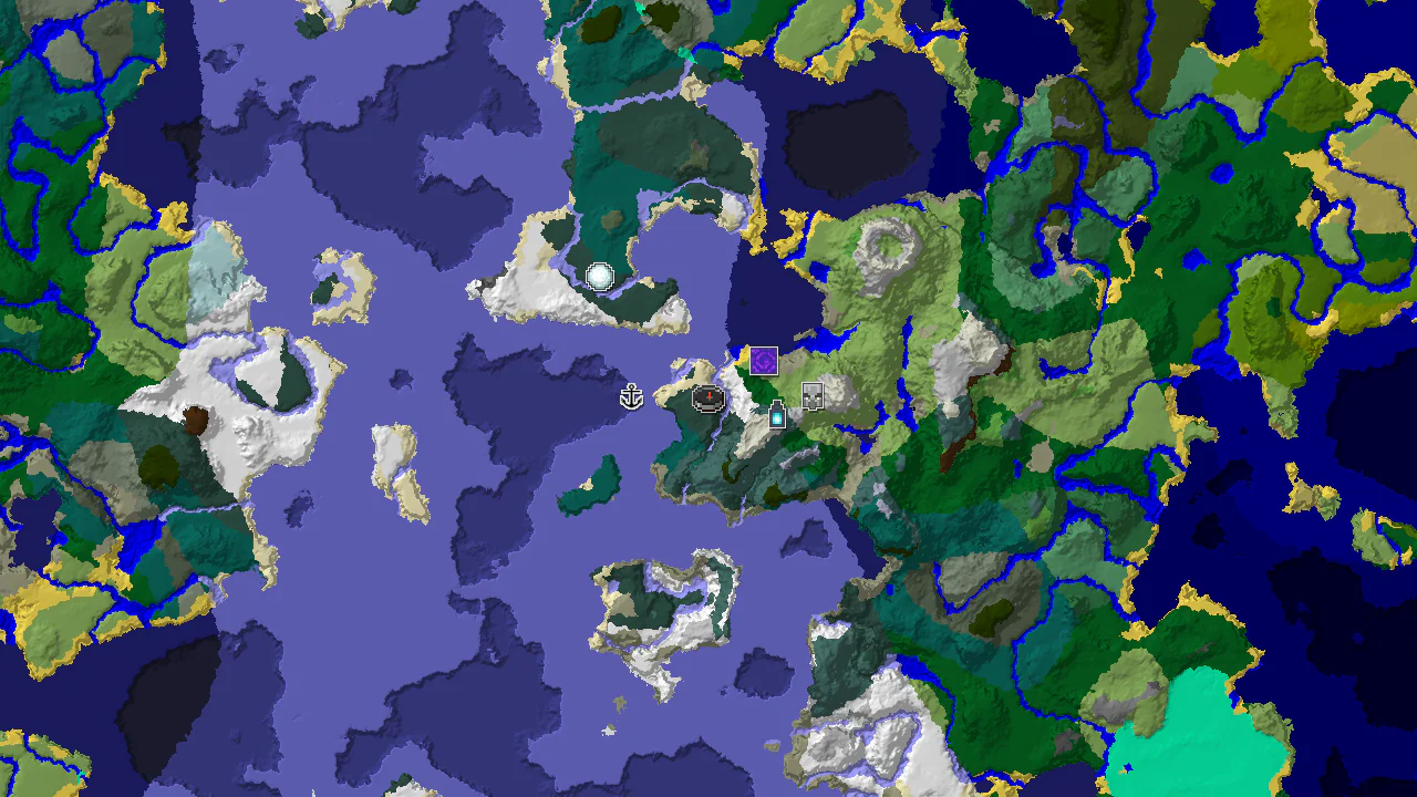A 2D biome map centered on the spawn point, marked in a snowy taiga, showing nearby structures including a ruined portal and a shipwreck.