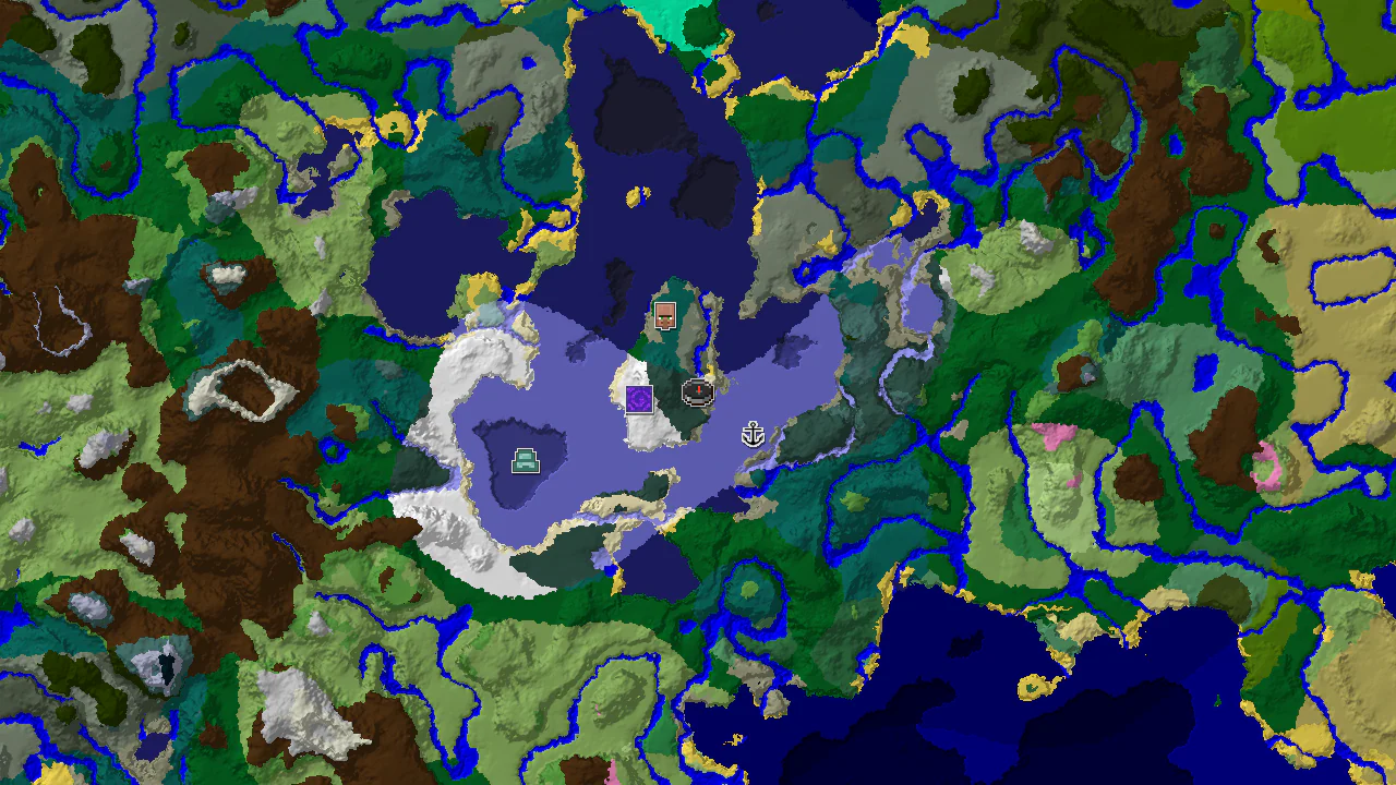 A 2D biome map centered on spawn, showing a village southwest, a ruined portal west, and a shipwreck southeast, all surrounded by snowy biomes and ocean.