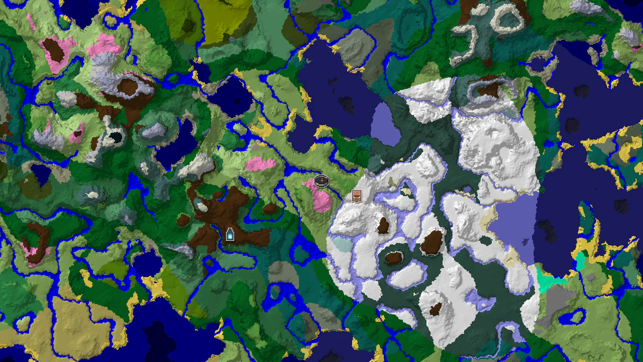 A top-down 2D biome map centered on the spawn point, showing markers for nearby structures and biomes.
