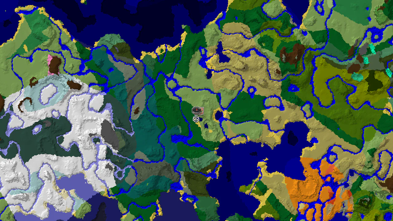 A 2D biome map centered on spawn, showing plains, forest, and ocean biomes with markers for a nearby village and shipwreck.