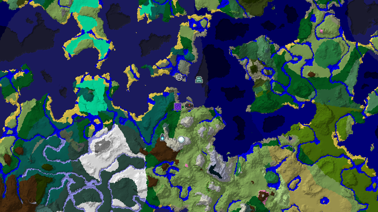 A 2D top-down biome map centered on the spawn point, showing various biomes and markers for nearby structures like a ruined portal and an ancient city.