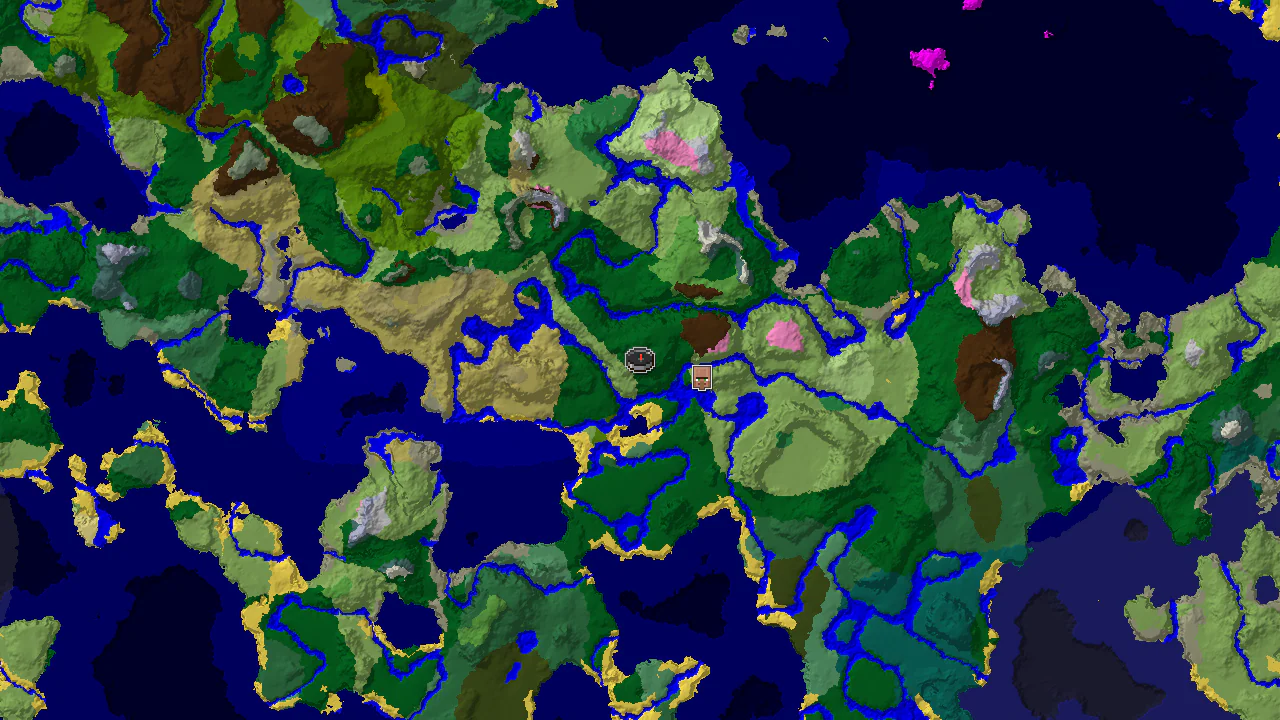 A top-down 2D biome map centered on spawn, showing forest, plains, and river biomes, with markers for spawn and a nearby village.