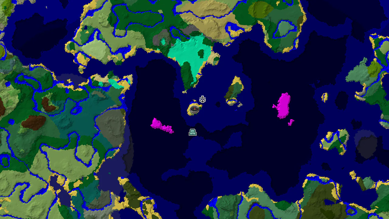 A 2D biome map centered on spawn, showing a large Deep Ocean biome, an Ocean Monument, and a Shipwreck.