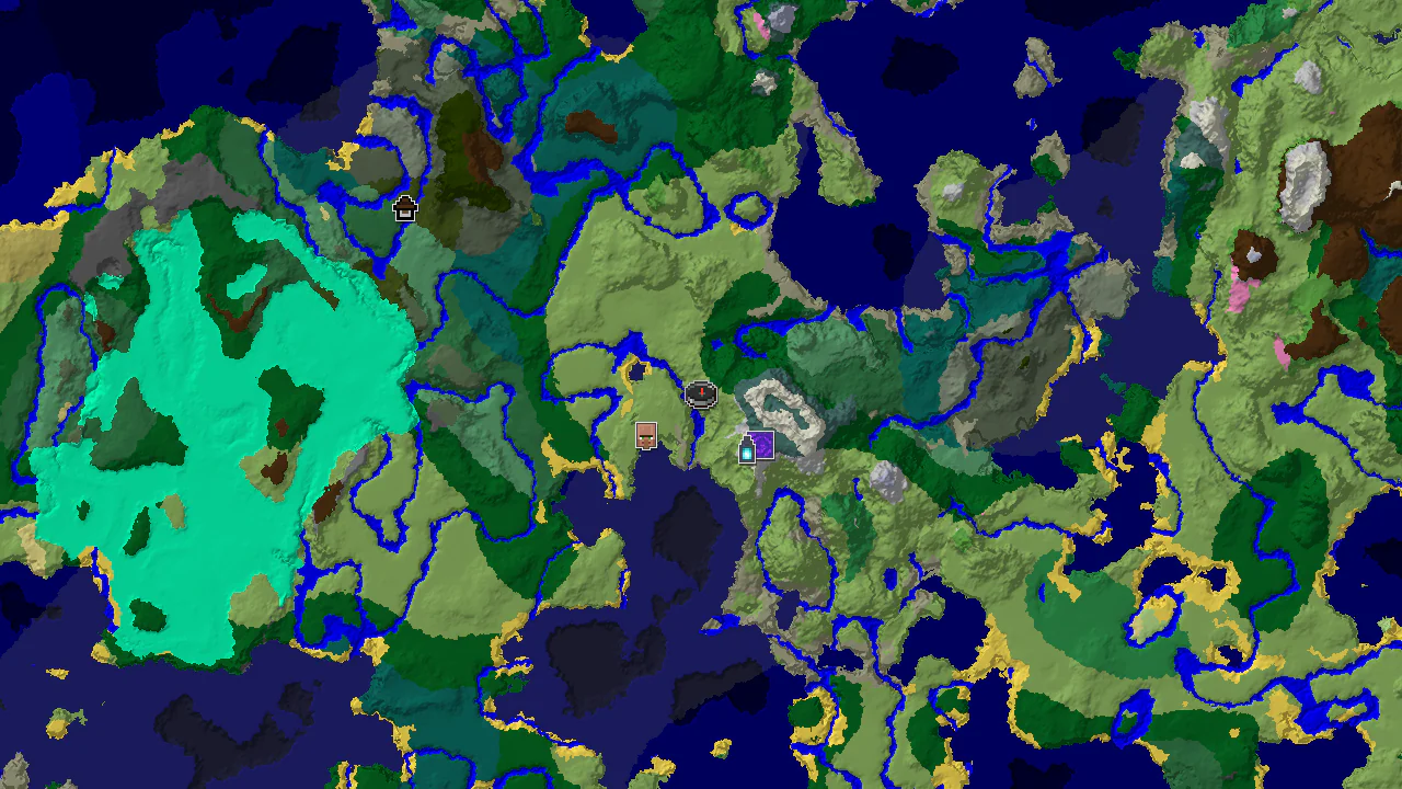 A top-down 2D biome map centered on spawn, showing nearby structures including an Ancient City, Village, and Ruined Portal.