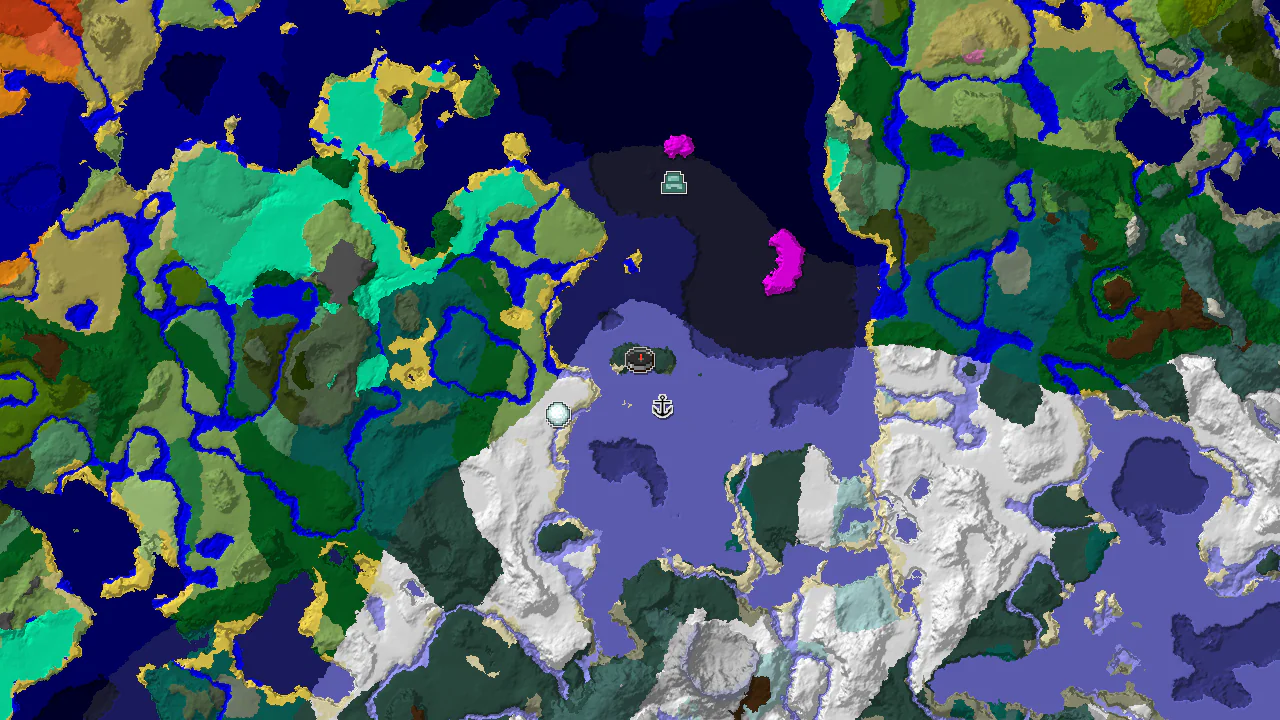 A top-down 2D biome map centered on spawn, showing a large frozen ocean, snowy taiga, and markers for a shipwreck and an igloo.