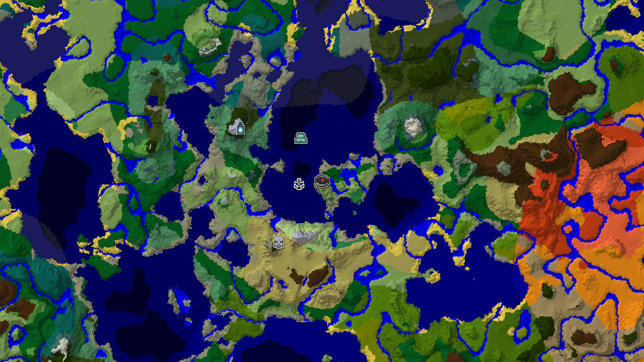 A 2D biome map centered on the spawn point, showing forests, oceans, rivers, and plains with markers for a shipwreck, pillager outpost, and ocean monument.