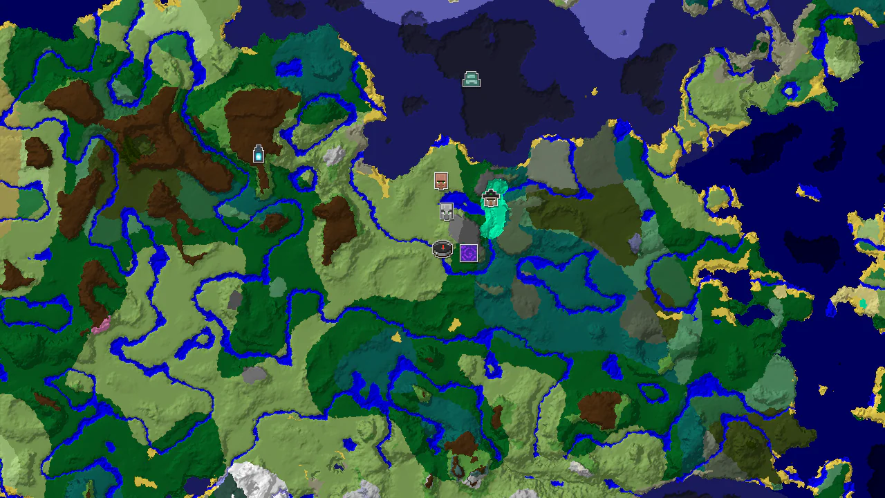 A top-down 2D biome map centered on spawn, showing plains, forests, and taiga, with markers for a ruined portal and pillager outpost.