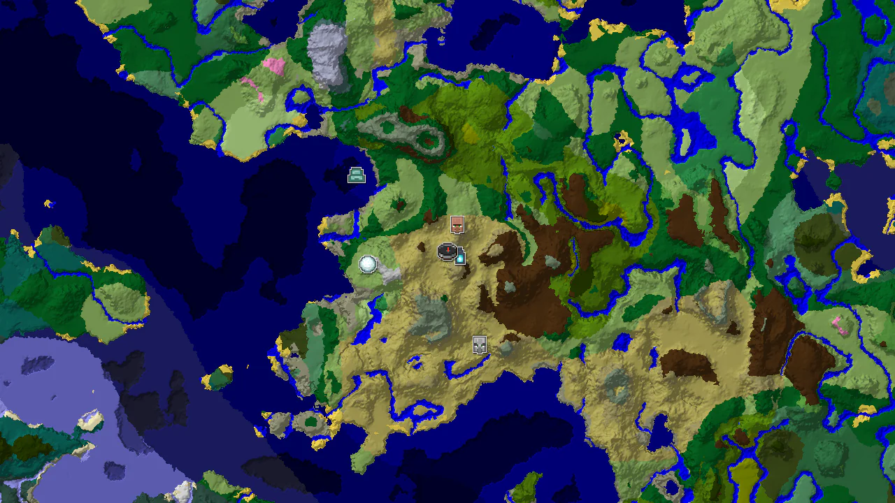 A 2D biome map centered on spawn, showing a Savanna Plateau at the start, with markers for an Ancient City to the east and a Village to the southwest.