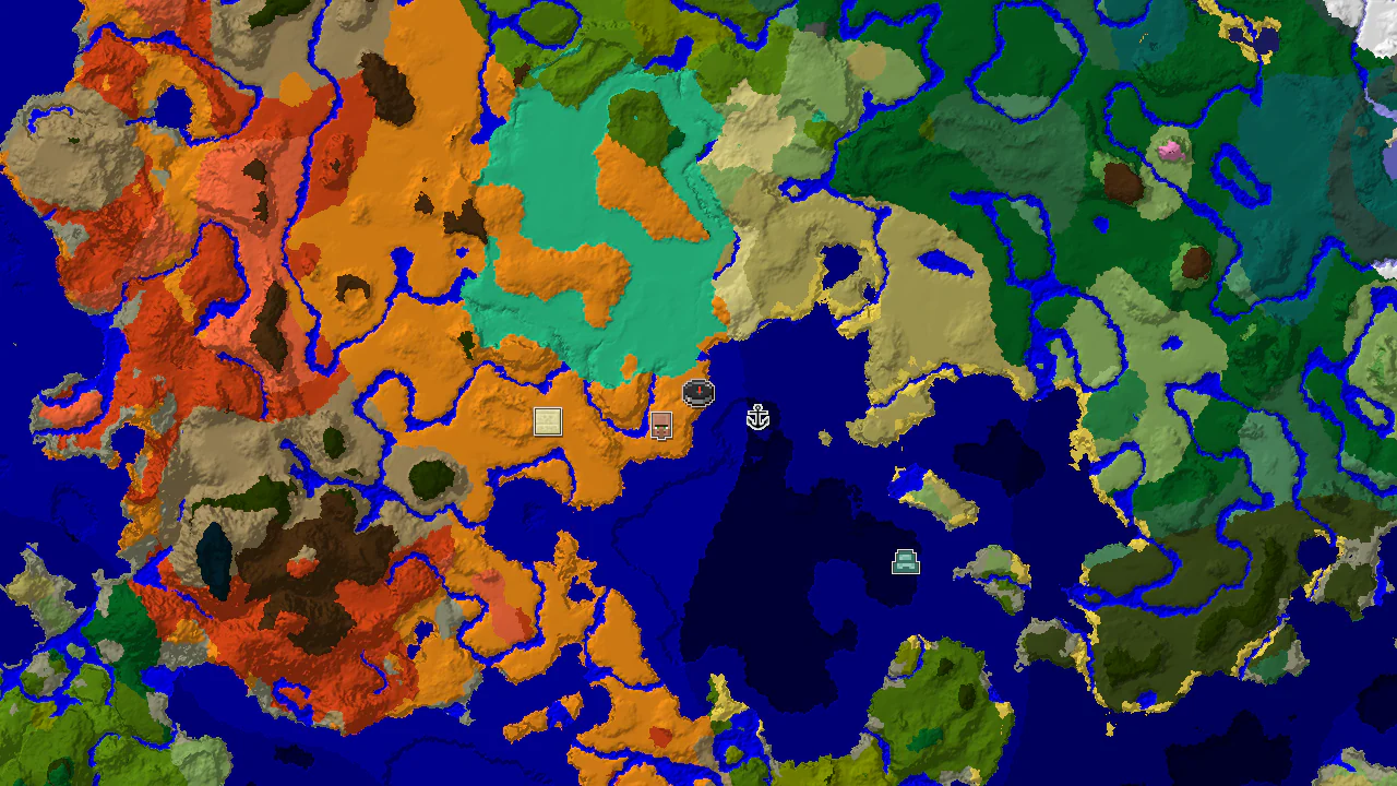 A top-down 2D biome map centered on spawn, showing desert, ocean, and swamp biomes, with markers for a village and shipwreck.