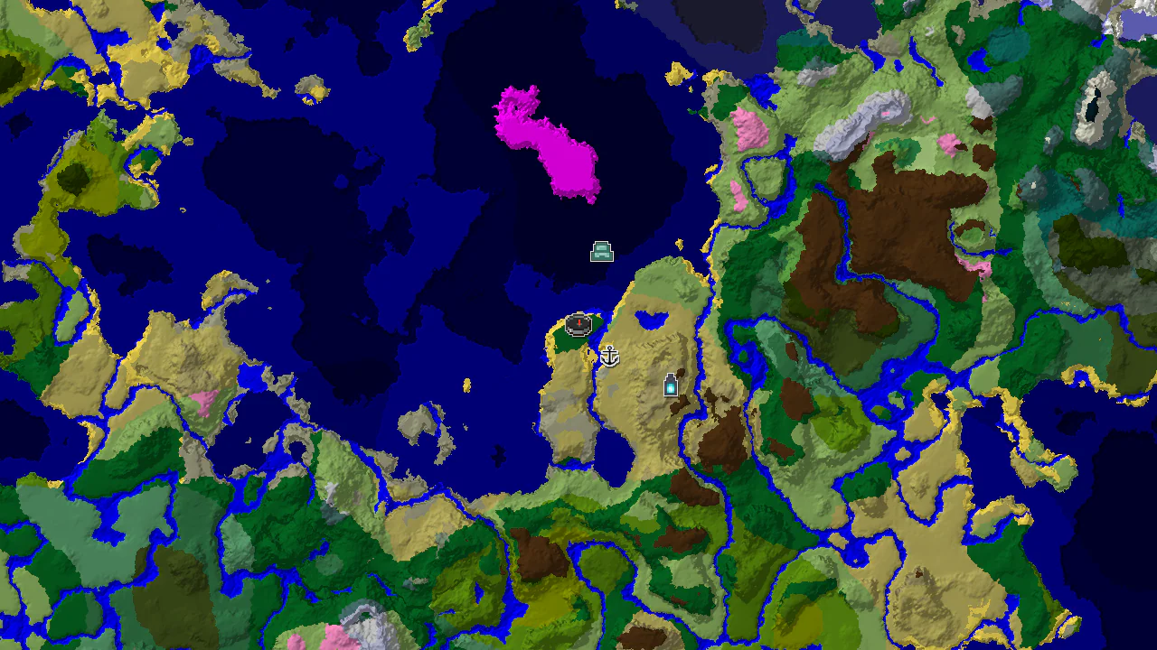 A 2D biome map centered on spawn, showing forest, ocean, and savanna biomes, with markers for a shipwreck, ocean monument, and ancient city.