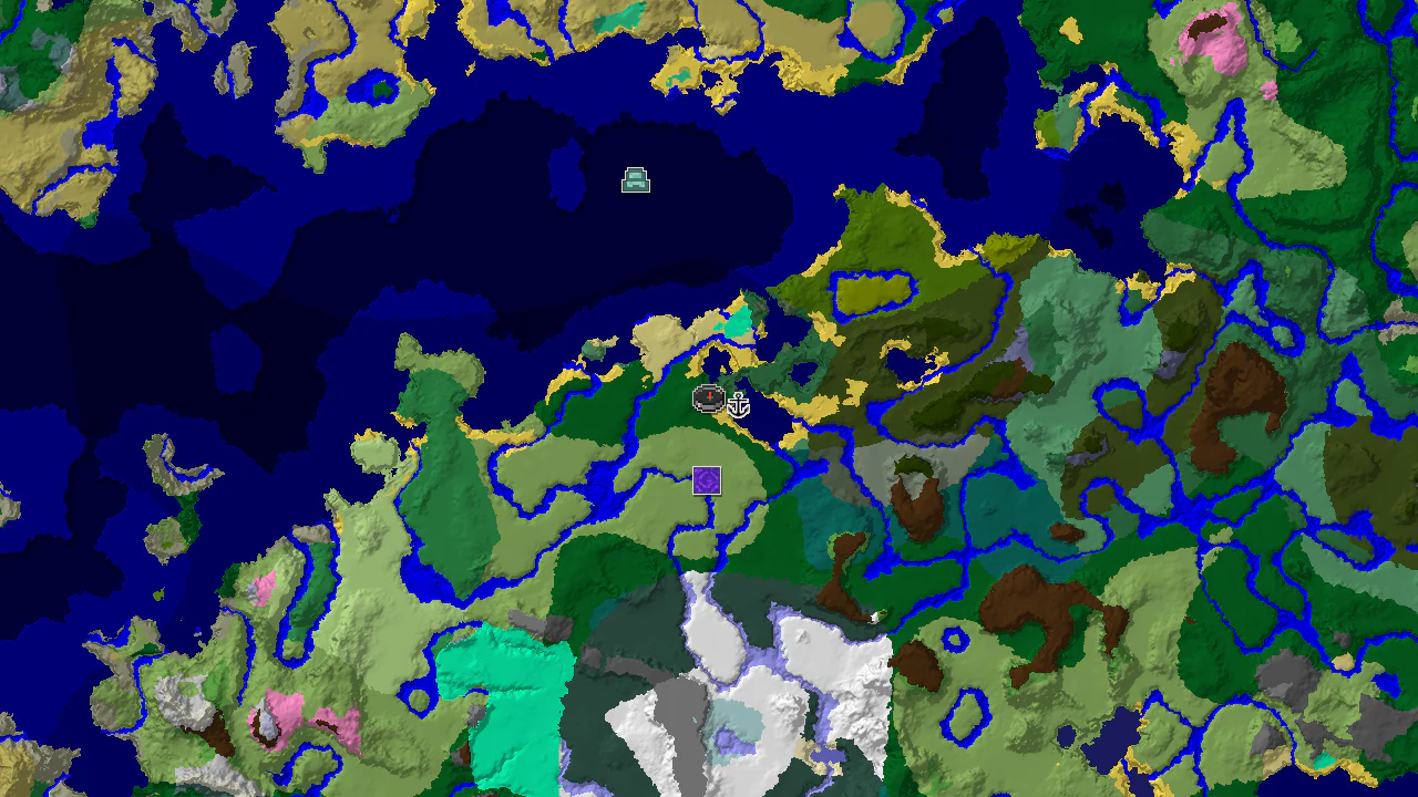 A 2D biome map centered on spawn, showing forest, ocean, and plains, with markers for a shipwreck and an ocean monument.