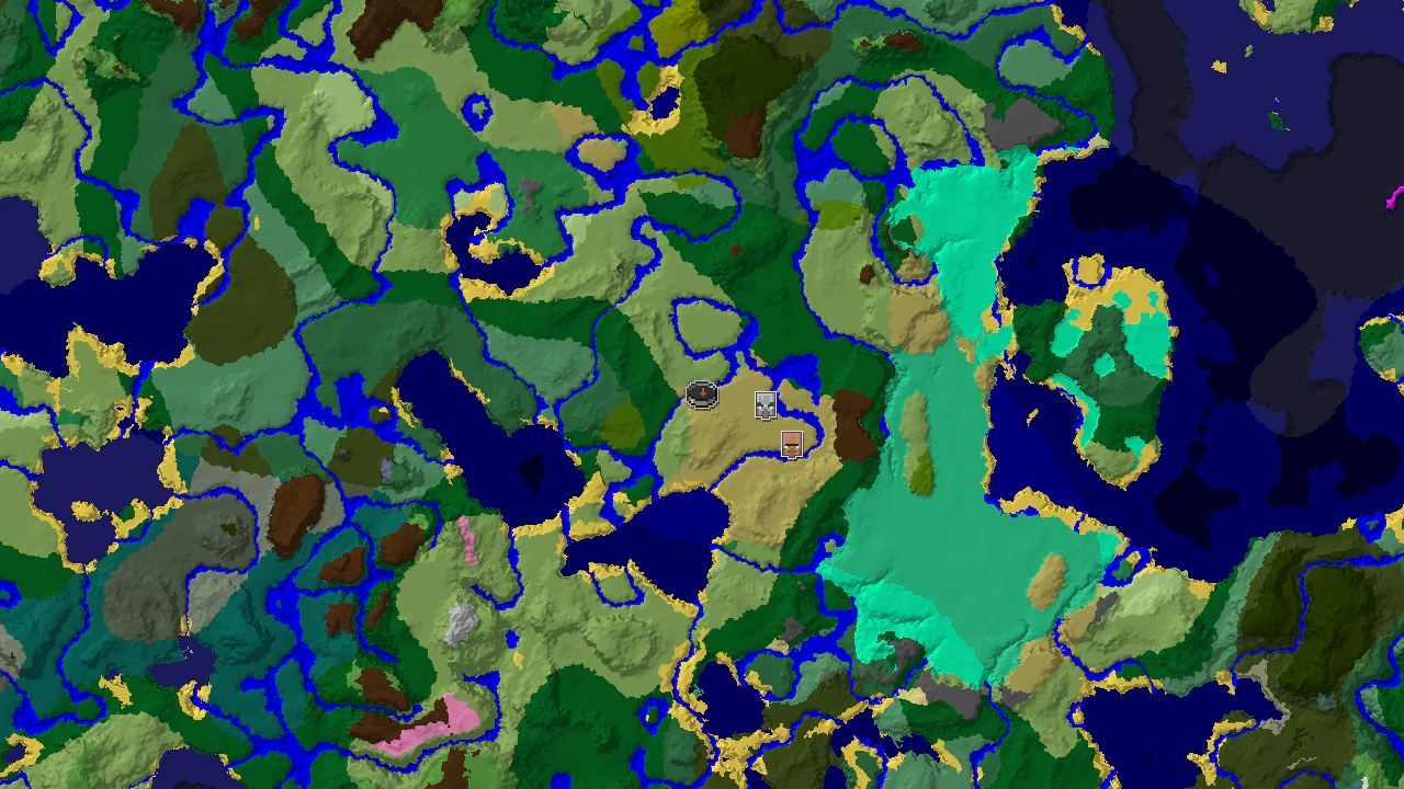 A 2D biome map centered on spawn, showing Savanna, Plains, and Forest biomes with markers for a Pillager Outpost and Village.