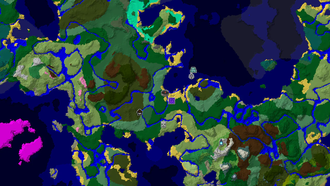 A 2D biome map centered on spawn, showing a large Dark Forest, Birch Forest, and various other biomes, with markers for a Woodland Mansion and a Pillager Outpost.