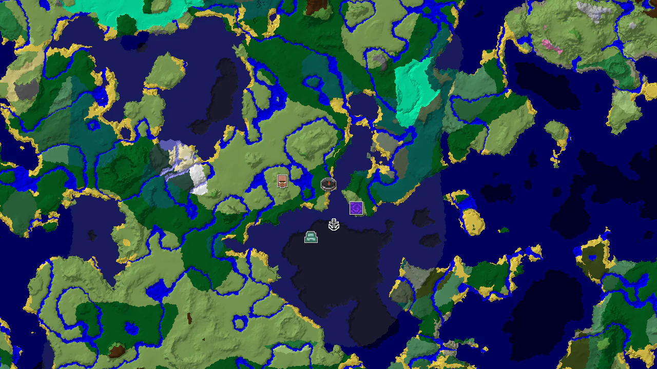 A 2D top-down biome map centered on spawn, showing forest, ocean, and plains, with markers for a Ruined Portal, Shipwreck, Village, and Ocean Monument.