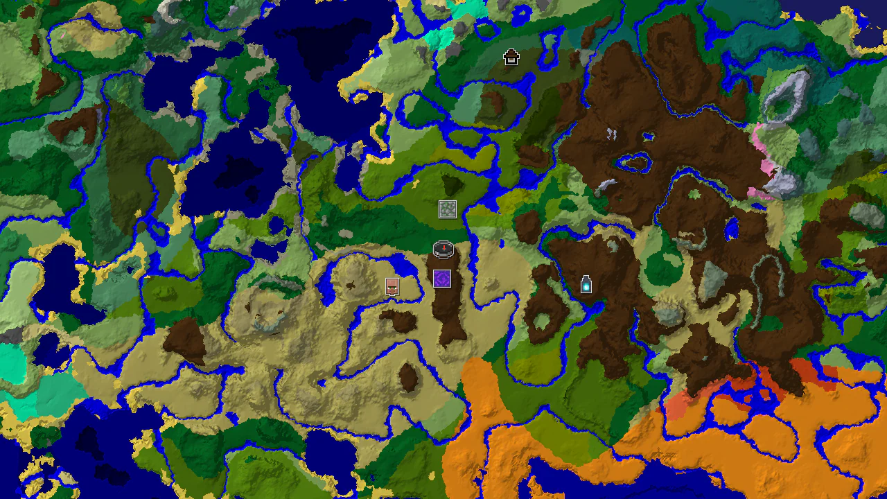 A top-down 2D biome map centered on spawn, showing savanna, forest, and jungle biomes with markers for a ruined portal and jungle temple.