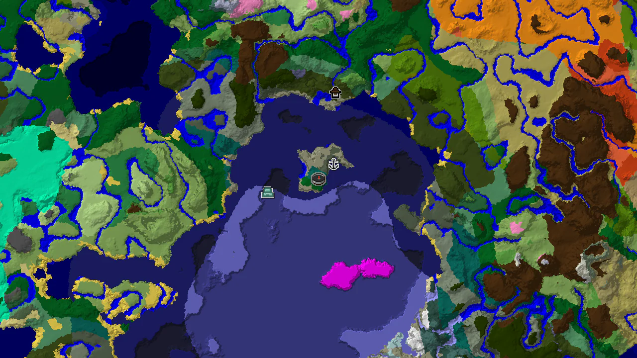 A 2D biome map centered on spawn, showing taiga, cold ocean, and deep frozen ocean biomes with markers for nearby structures.
