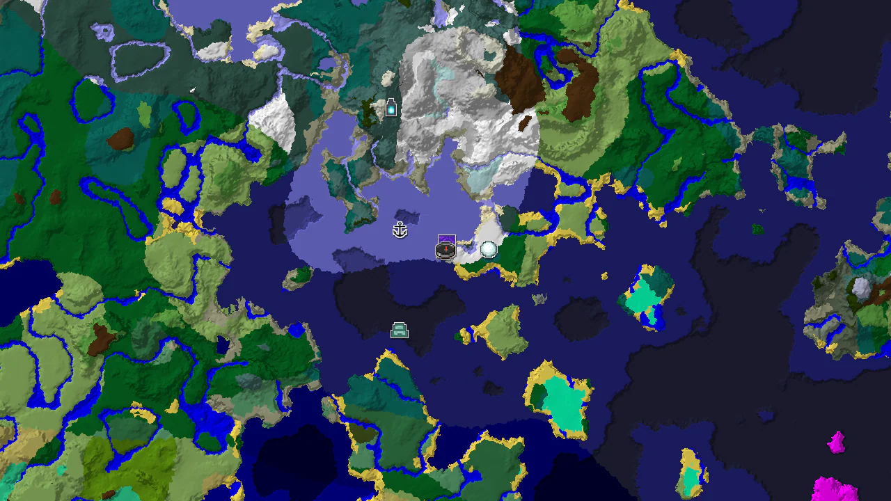 A top-down 2D biome map centered on the spawn point, marked with structure locations for a Java 26.2 seed.