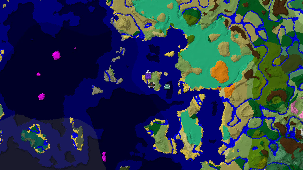 A top-down 2D biome map centered on spawn, showing a Beach biome at the spawn marker, with markers for a Ruined Portal and an Ocean Monument.