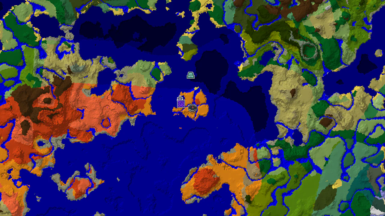 A 2D biome map centered on spawn shows a desert starting area, with badlands, oceans, and a river nearby, alongside markers for a Ruined Portal and a Shipwreck.