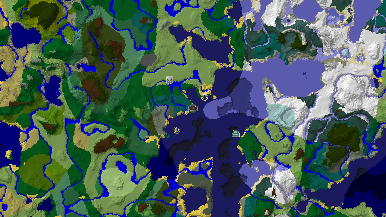 A top-down 2D biome map centered on spawn, showing forest, taiga, and cold ocean biomes, with markers for a shipwreck and an ocean monument.
