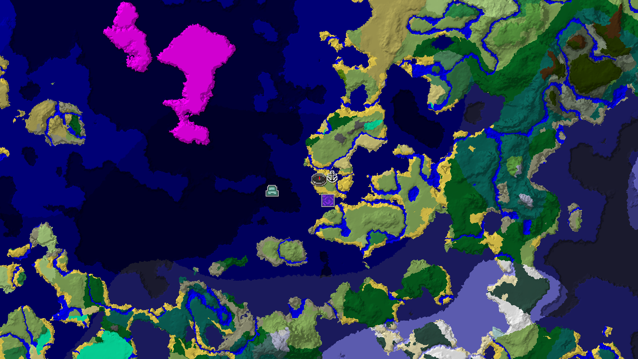 A top-down 2D biome map centered on spawn, showing Beach, Ocean, Plains, and River biomes, with markers for a shipwreck and an ocean monument.