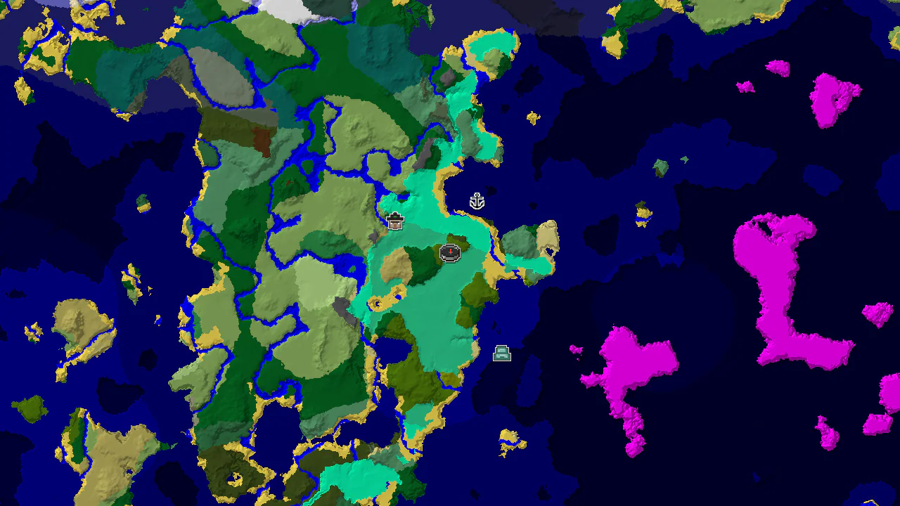 A 2D top-down biome map centered on the spawn point, showing Mangrove Swamp and nearby biomes with markers for a Witch Hut and Shipwreck.
