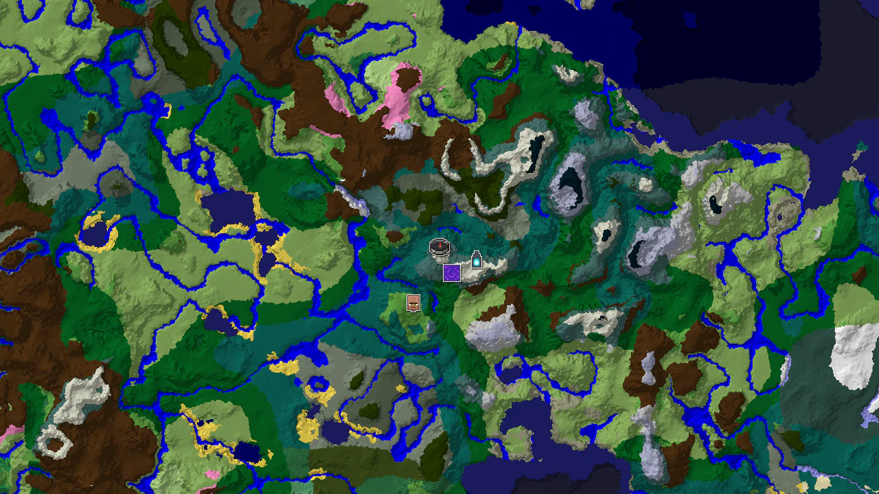 A 2D biome map centered on the spawn point, showing surrounding Jagged Peaks, Taiga, and Grove biomes with markers for a Ruined Portal and an Ancient City.