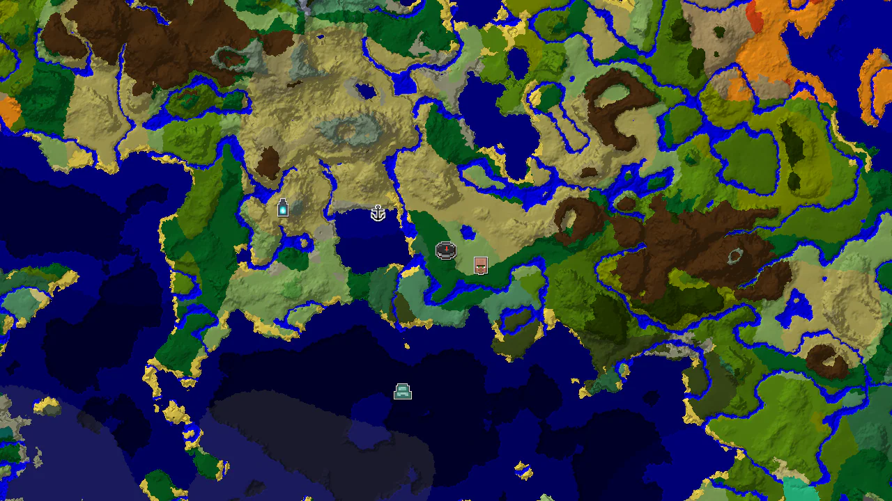 A 2D top-down biome map centered on spawn, showing forest, savanna, and ocean biomes, with markers for a village and shipwreck.