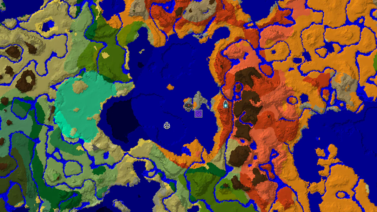 A 2D biome map centered on spawn, showing a Desert biome, a nearby Ruined Portal, and an Ancient City to the east.