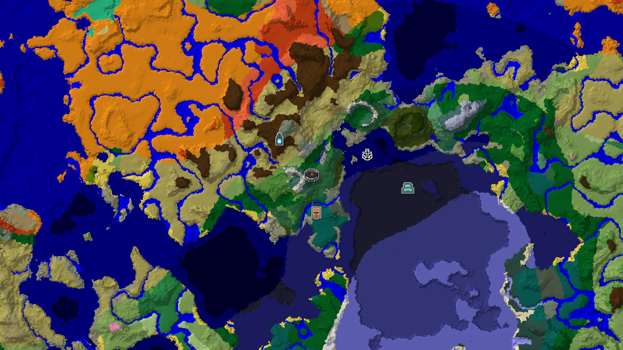 A top-down biome map centered on the spawn point, marked with a player icon. Structure markers show a village to the south and an ancient city to the southwest.