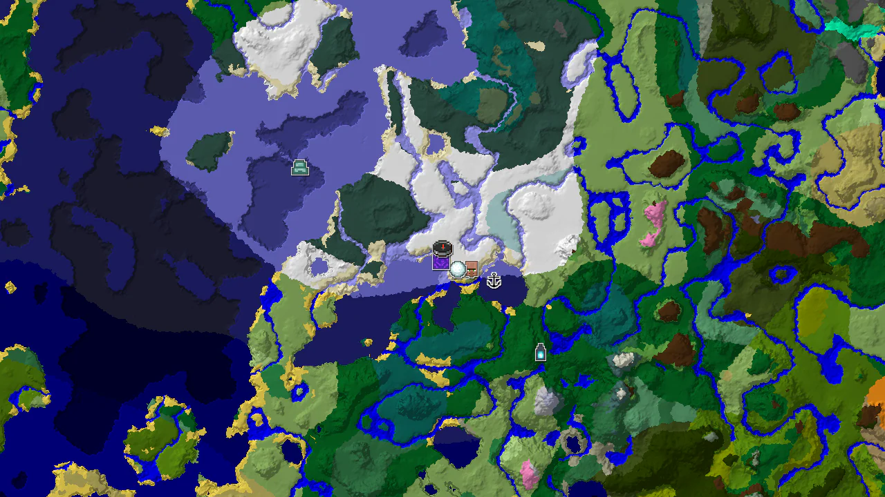A top-down 2D biome map centered on spawn, showing snowy biomes, a spawn marker, and markers for nearby structures.