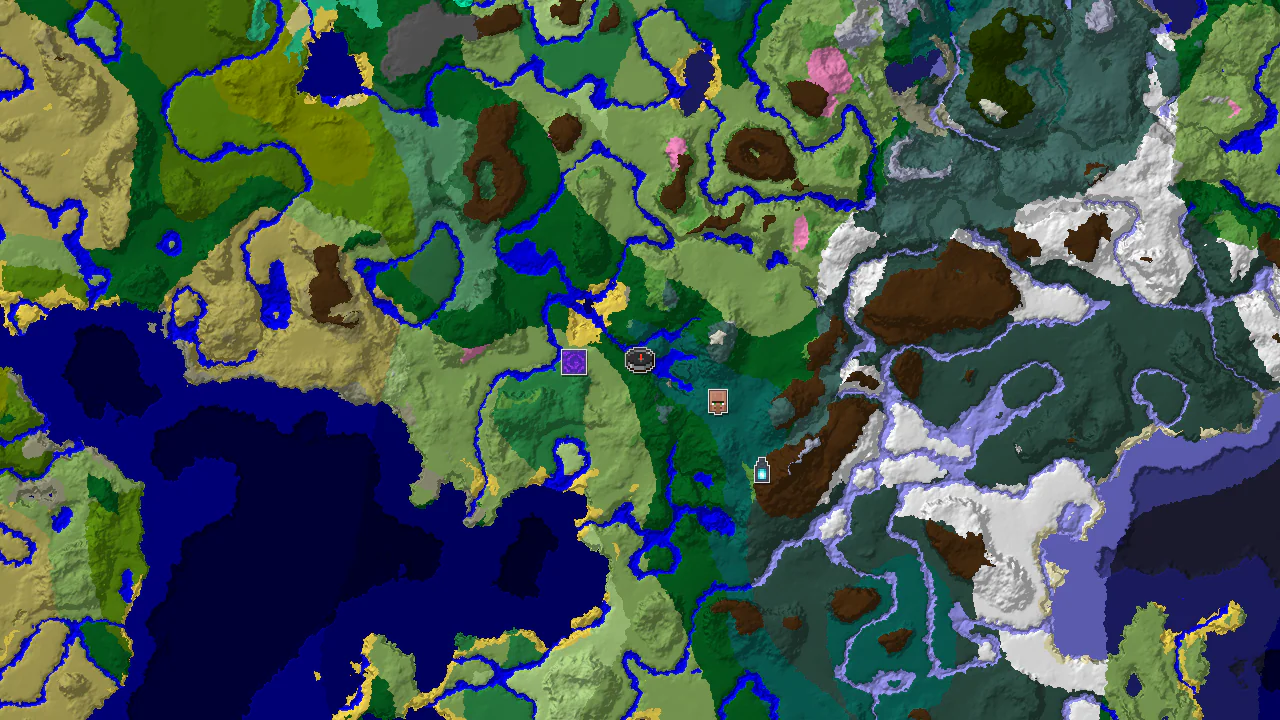 A top-down 2D biome map centered on the spawn point, with markers for the spawn, a village, and a ruined portal.