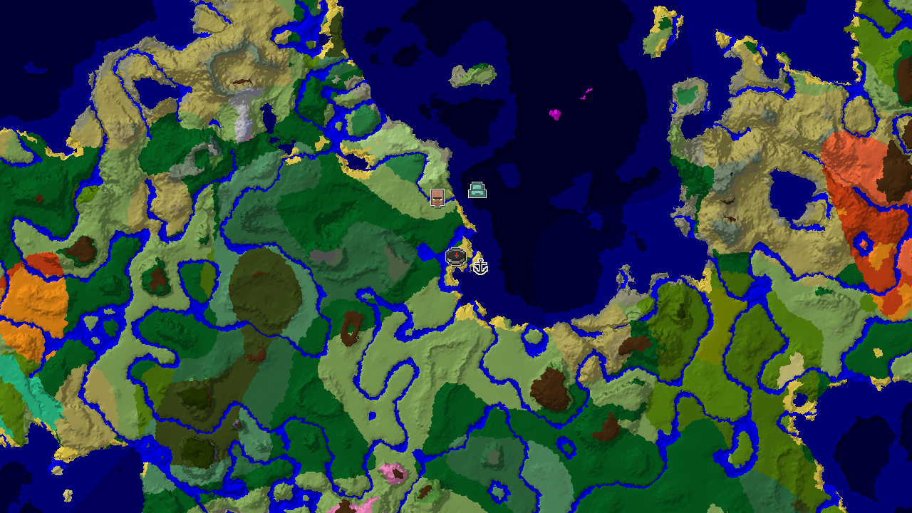 A top-down 2D biome map centered on spawn, showing a Windswept Savanna biome with markers for a shipwreck and an ocean monument.