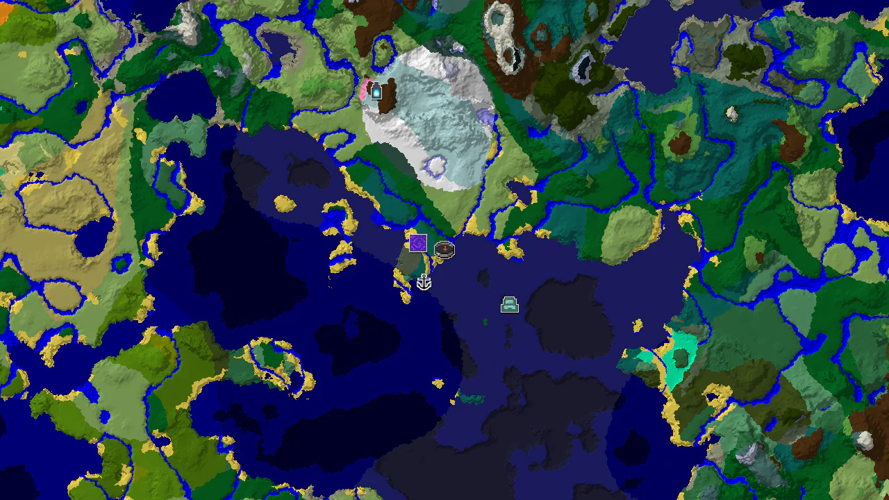 A 2D biome map centered on spawn, showing a large Cold Ocean to the north and east, with Forest and Taiga biomes surrounding spawn, and markers for a Ruined Portal and Shipwreck.