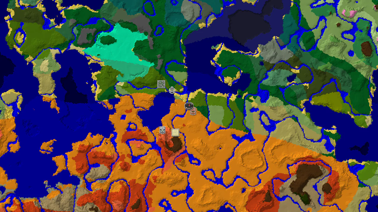 A 2D map centered on the spawn point, showing Desert, Jungle, and other biomes. Markers indicate a nearby village and two temples.