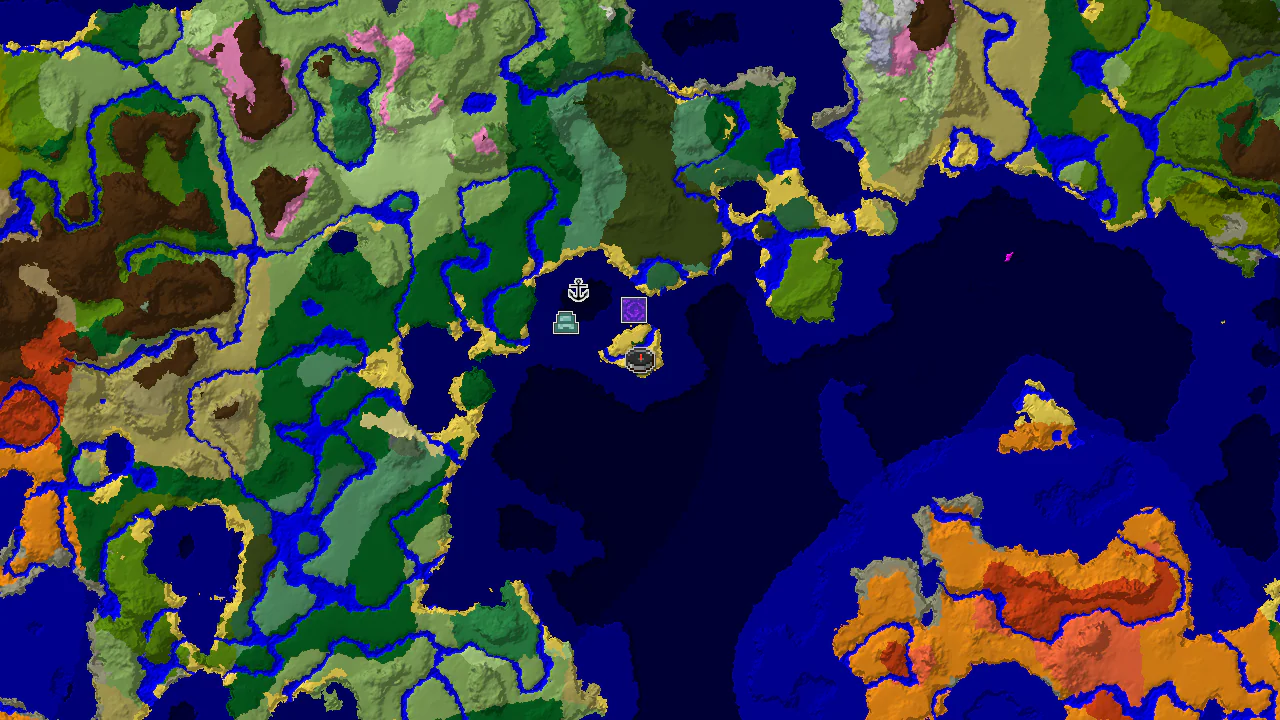 A 2D map centered on spawn, showing a large ocean biome with an Ocean Monument marker and a nearby Ruined Portal marker, surrounded by forest and river biomes.