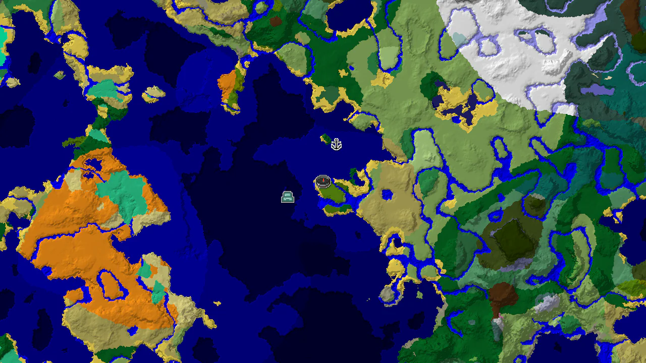 A 2D top-down biome map centered on the spawn point, showing sparse jungle, various ocean biomes, and markers for an Ocean Monument and a Shipwreck.