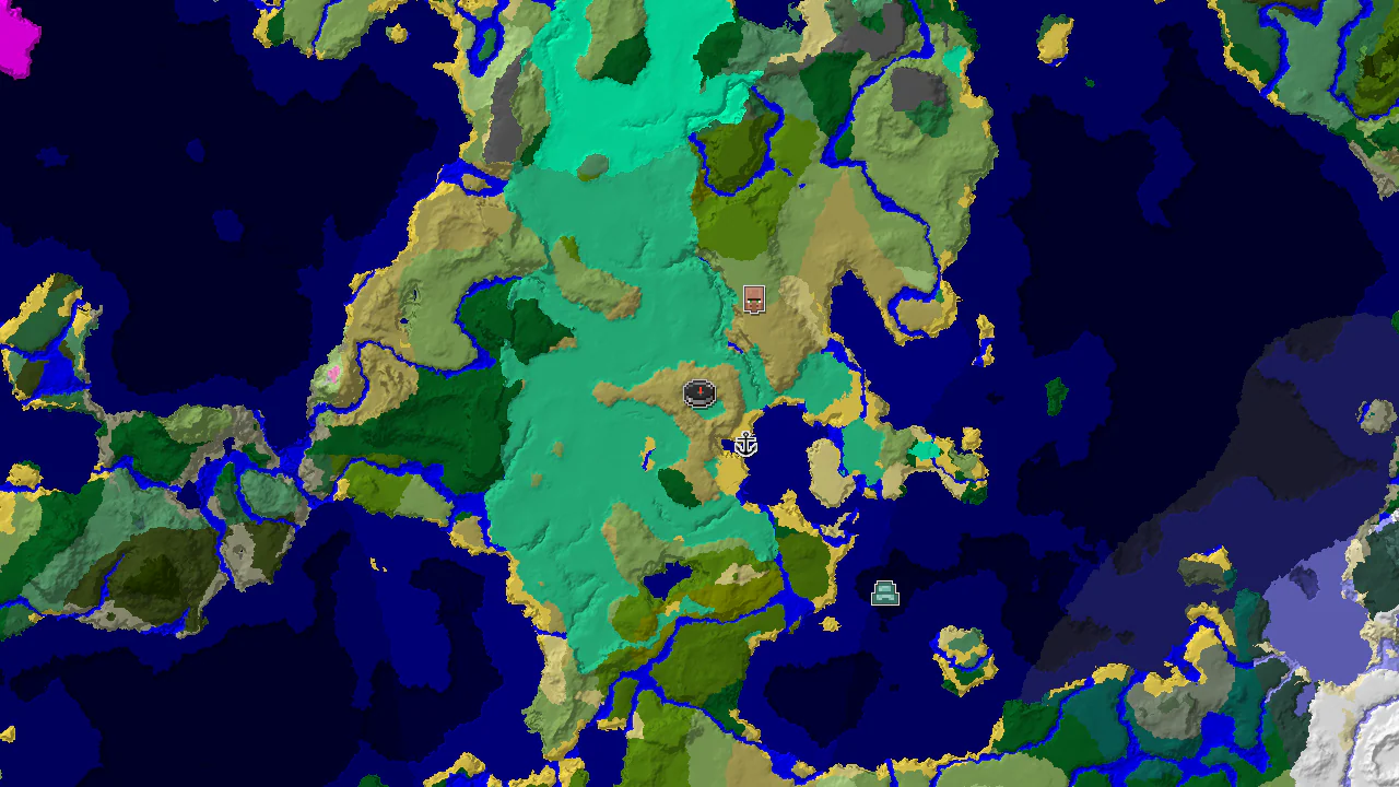 A 2D biome map centered on the spawn point, showing the surrounding biomes and nearby structures.
