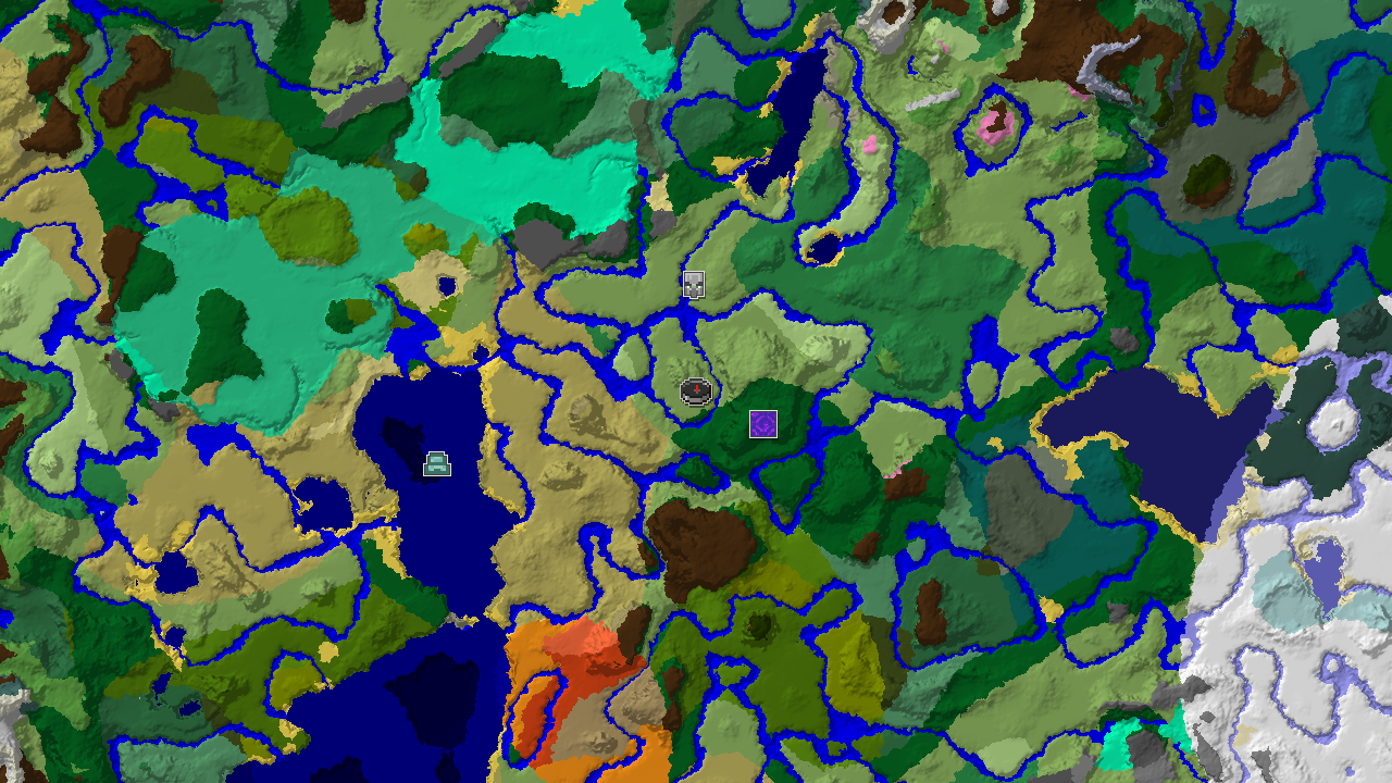 A 2D top-down biome map centered on spawn, showing a Plains biome at spawn, with nearby River, Forest, and Savanna biomes, and markers for a Ruined Portal and Pillager Outpost.