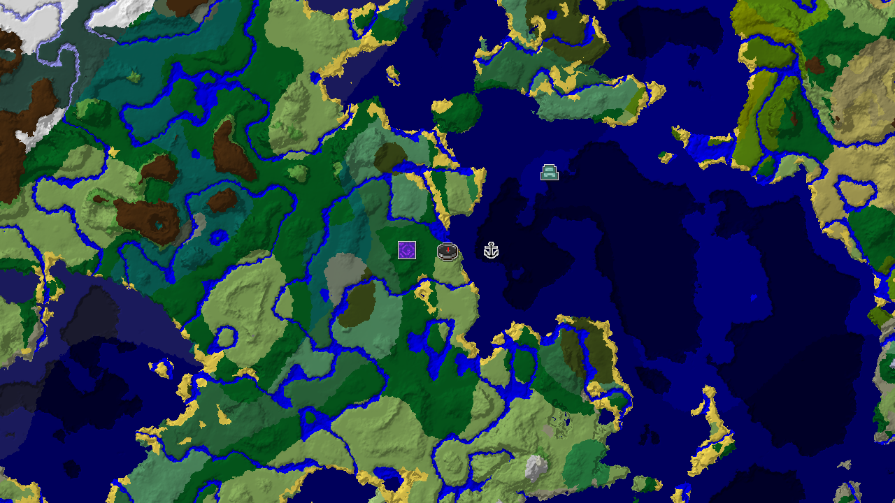 A top-down 2D biome map centered on the spawn point, with markers for the spawn location and various structures.